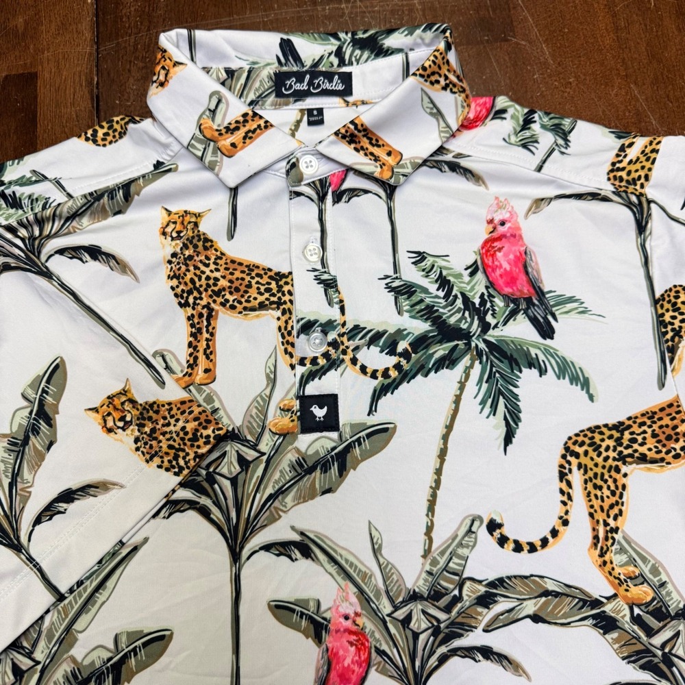 Bad Birdie Golf Polo Men Small White Cheetah Cockatoo Tropical Performance Shirt